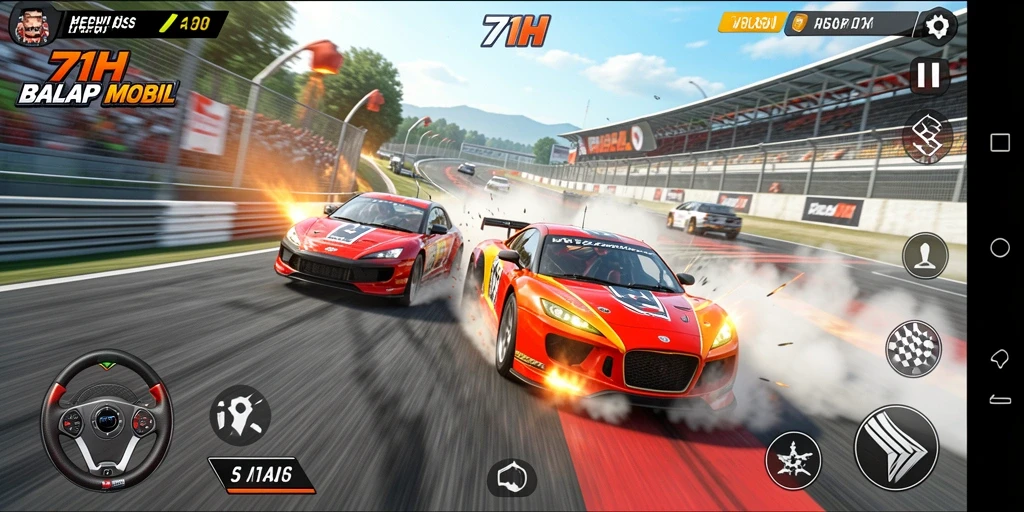 Tampilan gameplay 71H dengan mobil balap beraksi di lintasan.