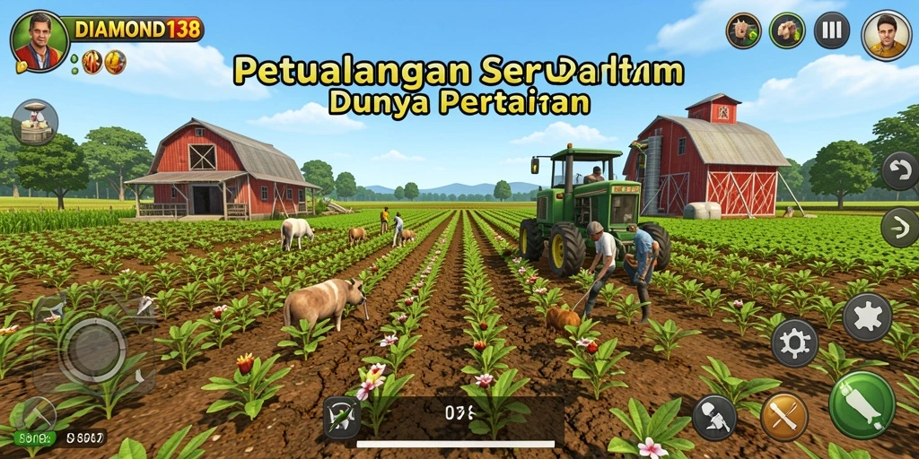 Screenshot gameplay yang menampilkan pertanian dan interaksi hewan.