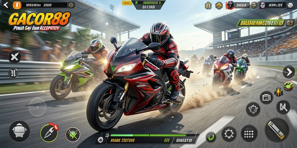 Tampilan gameplay seru dari GACOR88 dengan motor balap yang menakjubkan.