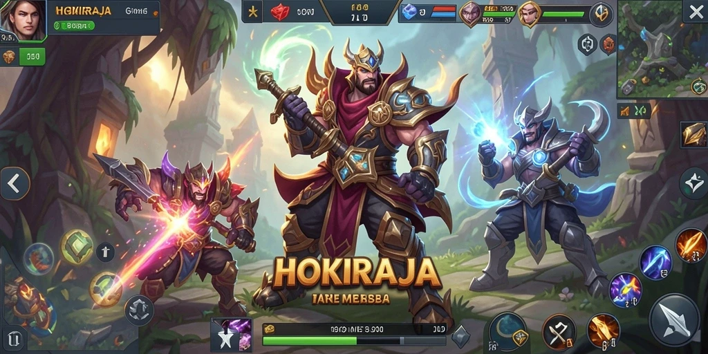Screenshot HOKIRAJA menampilkan pertarungan seru antar tim dalam gameplay MOBA.