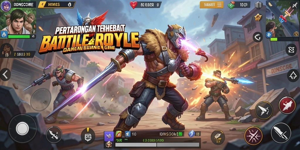 Tampilan layar permainan IDNSCORE saat pertempuran Battle Royale.