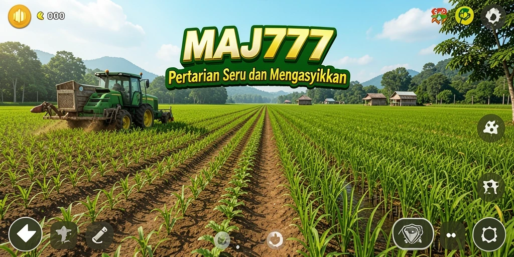 Screenshot gameplay MAJ777 dengan petani sedang panen hasil pertanian.